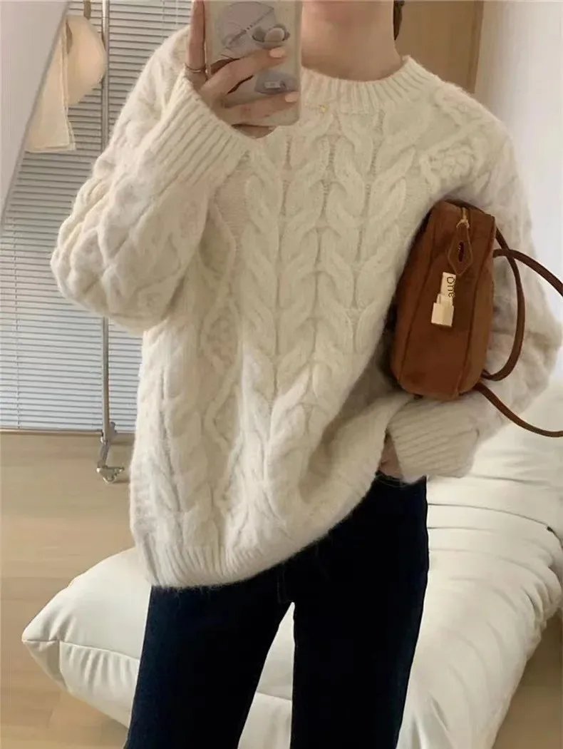 Pink Cable Knit Pullover Sweater Women's 2024 New Autumn/winter Korean Style Soft Supple Idle Fit Thickened Knit Top Pink Cable Knit Pullover Sweater Women's 2024 New Autumn/winter Korean Style Soft Supple Idle Fit Thickened Knit Top