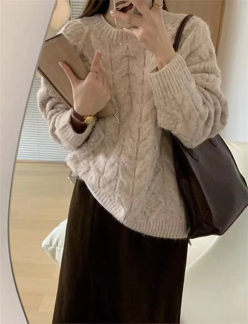 Pink Cable Knit Pullover Sweater Women's 2024 New Autumn/winter Korean Style Soft Supple Idle Fit Thickened Knit Top Pink Cable Knit Pullover Sweater Women's 2024 New Autumn/winter Korean Style Soft Supple Idle Fit Thickened Knit Top