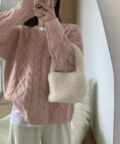 Alternative view of Pink Cable Knit Pullover Sweater Women's 2024 New Autumn/winter Korean Style Soft Supple Idle Fit Thickened Knit Top