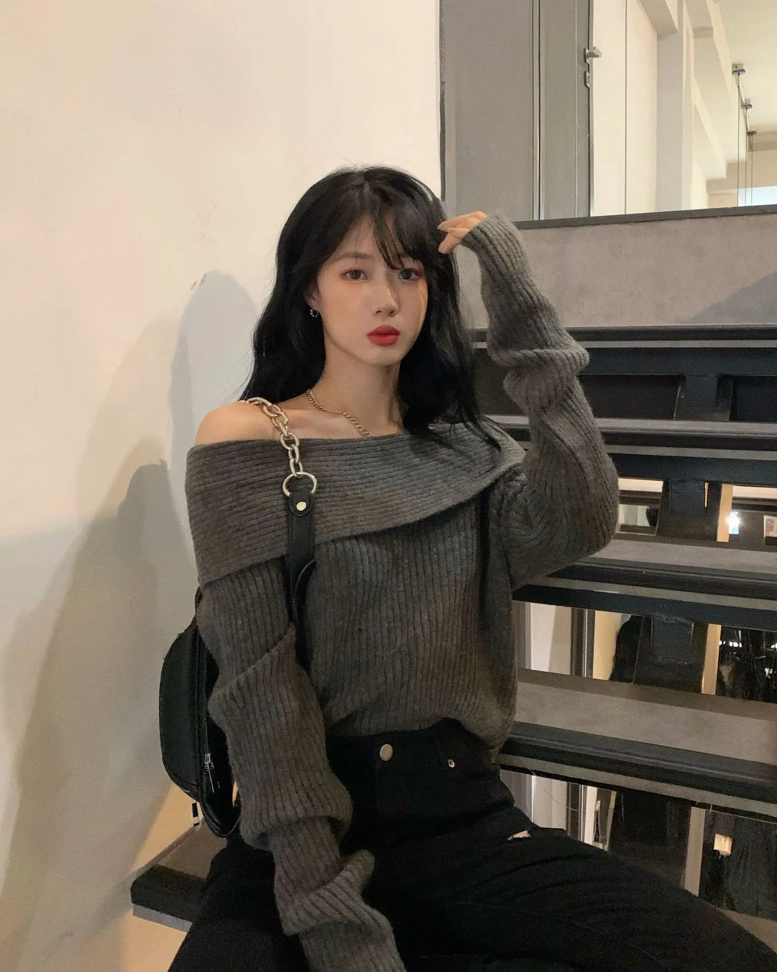 Off Shoulder Sweater Women Autumn Winter Korean Fashion Solid Long Sleeve Knitted Pullovers Casual Elegant Chic Jumper Black