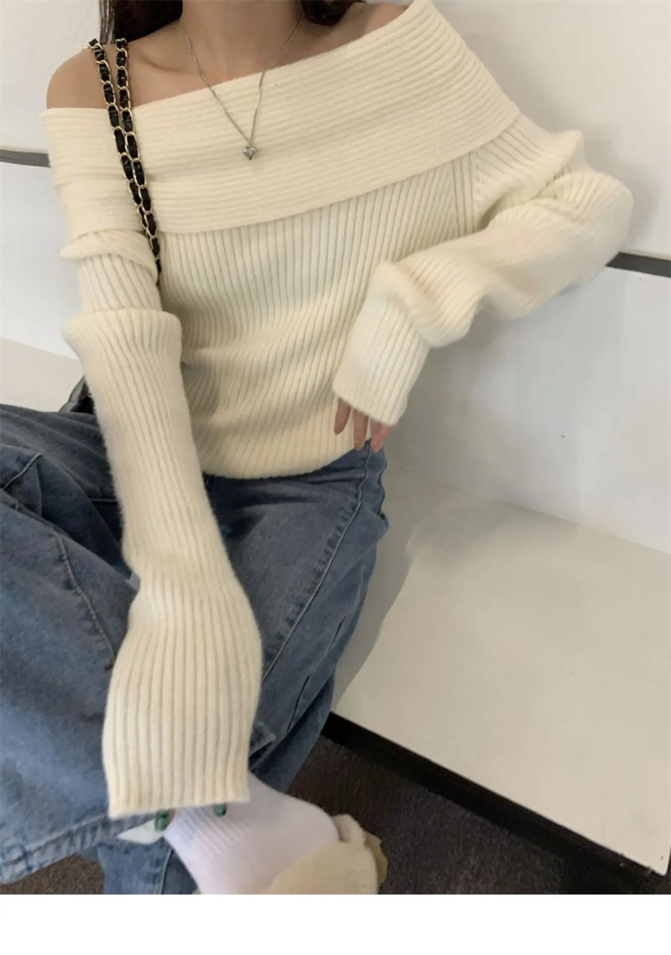 Off Shoulder Sweater Women Autumn Winter Korean Fashion Solid Long Sleeve Knitted Pullovers Casual Elegant Chic Jumper Black