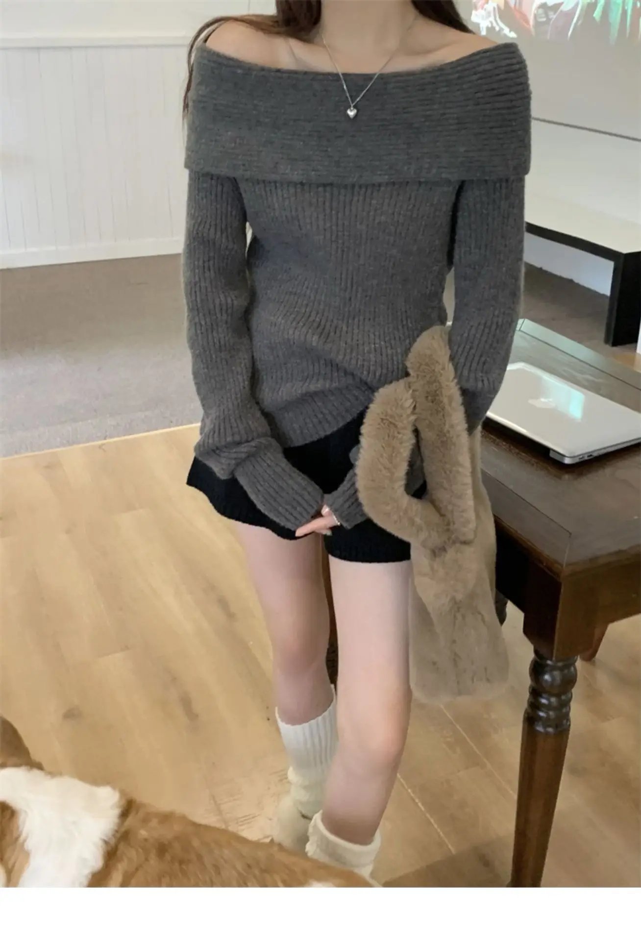 Off Shoulder Sweater Women Autumn Winter Korean Fashion Solid Long Sleeve Knitted Pullovers Casual Elegant Chic Jumper Black