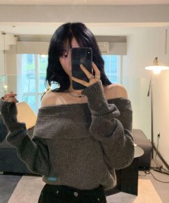 Alternative view of Off Shoulder Sweater Women Autumn Winter Korean Fashion Solid Long Sleeve Knitted Pullovers Casual Elegant Chic Jumper Black