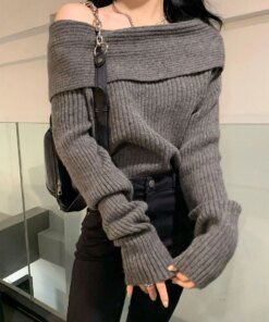 Off Shoulder Sweater Women Autumn Winter Korean Fashion Solid Long Sleeve Knitted Pullovers Casual Elegant Chic Jumper Black