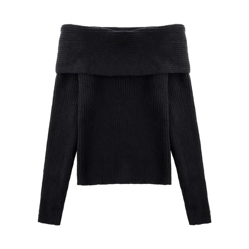 Off Shoulder Sweater Women Autumn Winter Korean Fashion Solid Long Sleeve Knitted Pullovers Casual Elegant Chic Jumper Black