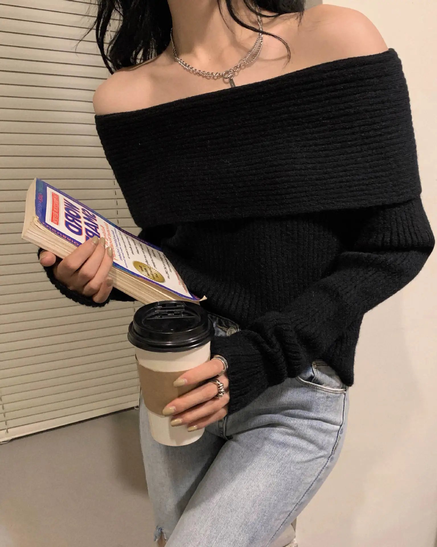 Off Shoulder Sweater Women Autumn Winter Korean Fashion Solid Long Sleeve Knitted Pullovers Casual Elegant Chic Jumper Black