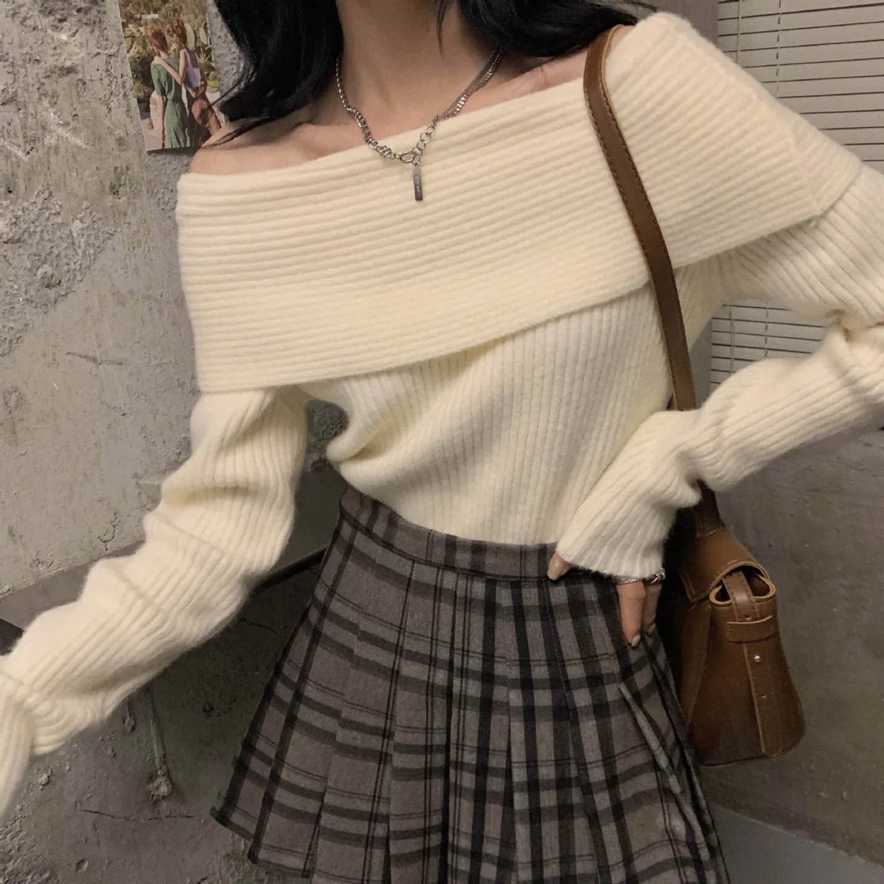 Off Shoulder Sweater Women Autumn Winter Korean Fashion Solid Long Sleeve Knitted Pullovers Casual Elegant Chic Jumper Black