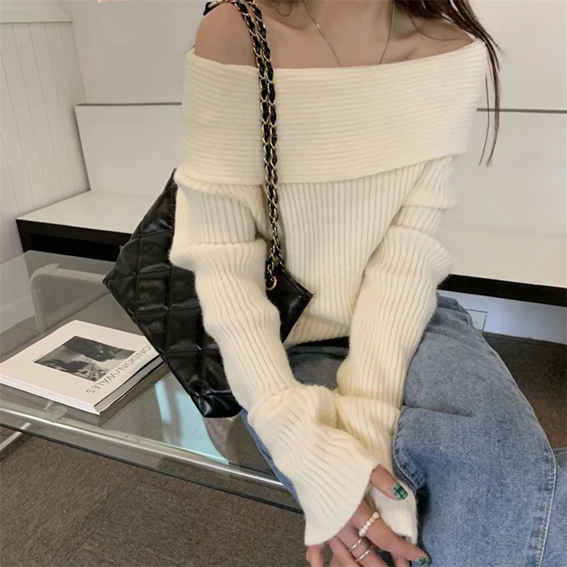 Off Shoulder Sweater Women Autumn Winter Korean Fashion Solid Long Sleeve Knitted Pullovers Casual Elegant Chic Jumper Black