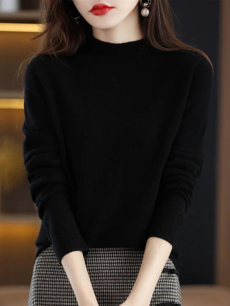 AOSSVIAO 2024 Autumn Winter Solid Mock-neck Pullover Sweater For Women Casual Knitwear Female Clothing Basic Soft Tops AOSSVIAO 2024 Autumn Winter Solid Mock-neck Pullover Sweater For Women Casual Knitwear Female Clothing Basic Soft Tops