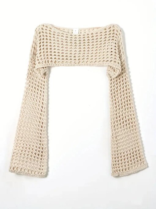 Women Crochet Knit Hollow Out Crop Top Long Sleeve Shrug Sweater Mesh Cover Ups Cardigan Streetwear Pullover Women Clothes Y2k