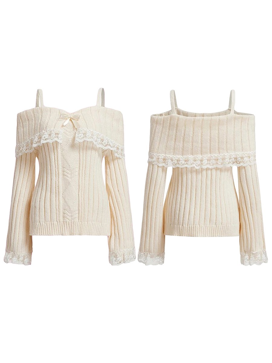 Women's Cold Shoulder Sweaters Long Sleeve Contrast Lace Knit Pullovers Bow Front Jumper Tops