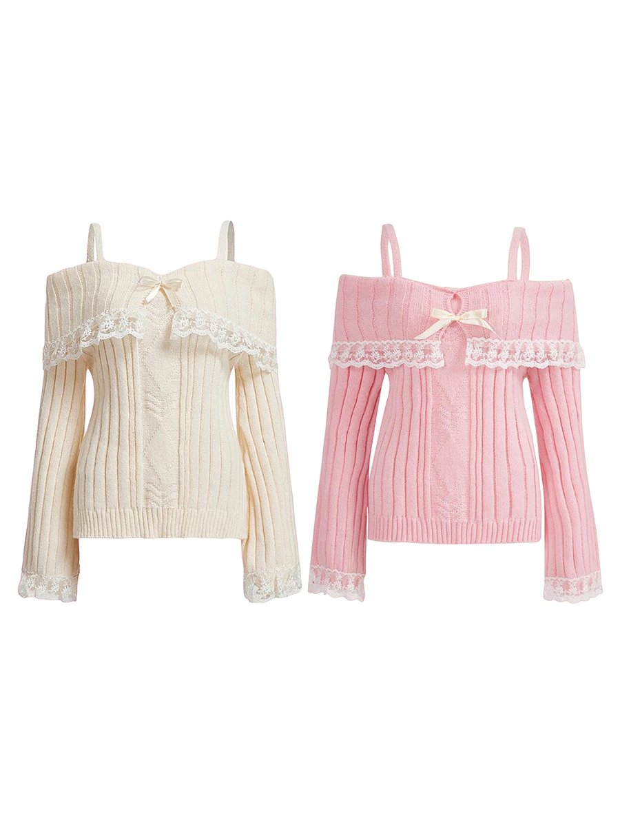 Women's Cold Shoulder Sweaters Long Sleeve Contrast Lace Knit Pullovers Bow Front Jumper Tops