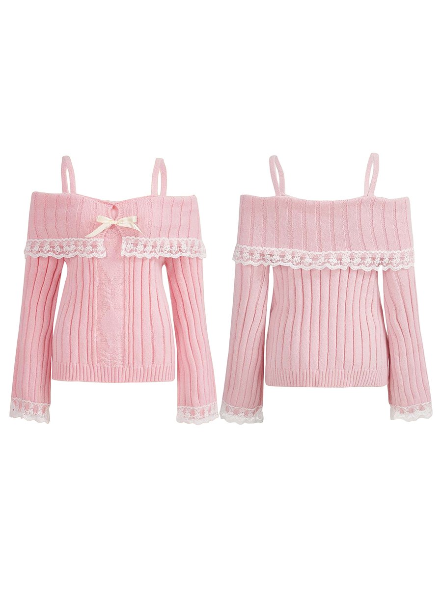 Women's Cold Shoulder Sweaters Long Sleeve Contrast Lace Knit Pullovers Bow Front Jumper Tops