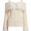 Women's Cold Shoulder Sweaters Long Sleeve Contrast Lace Knit Pullovers Bow Front Jumper Tops