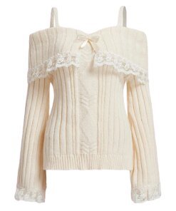 Women's Cold Shoulder Sweaters Long Sleeve Contrast Lace Knit Pullovers Bow Front Jumper Tops
