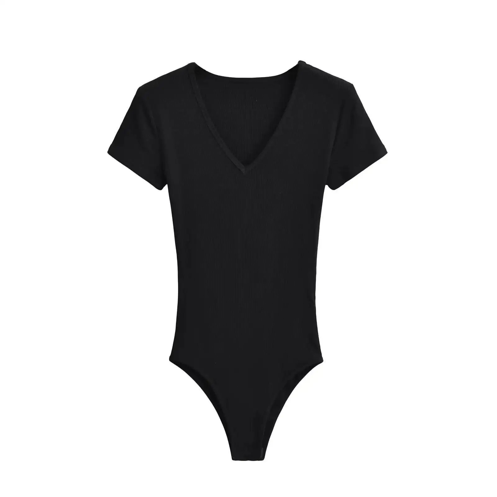 Summer Short Sleeve V-neck Rib Knitted Bodysuits Women Elastic Slim Black White Top Jumpsuits