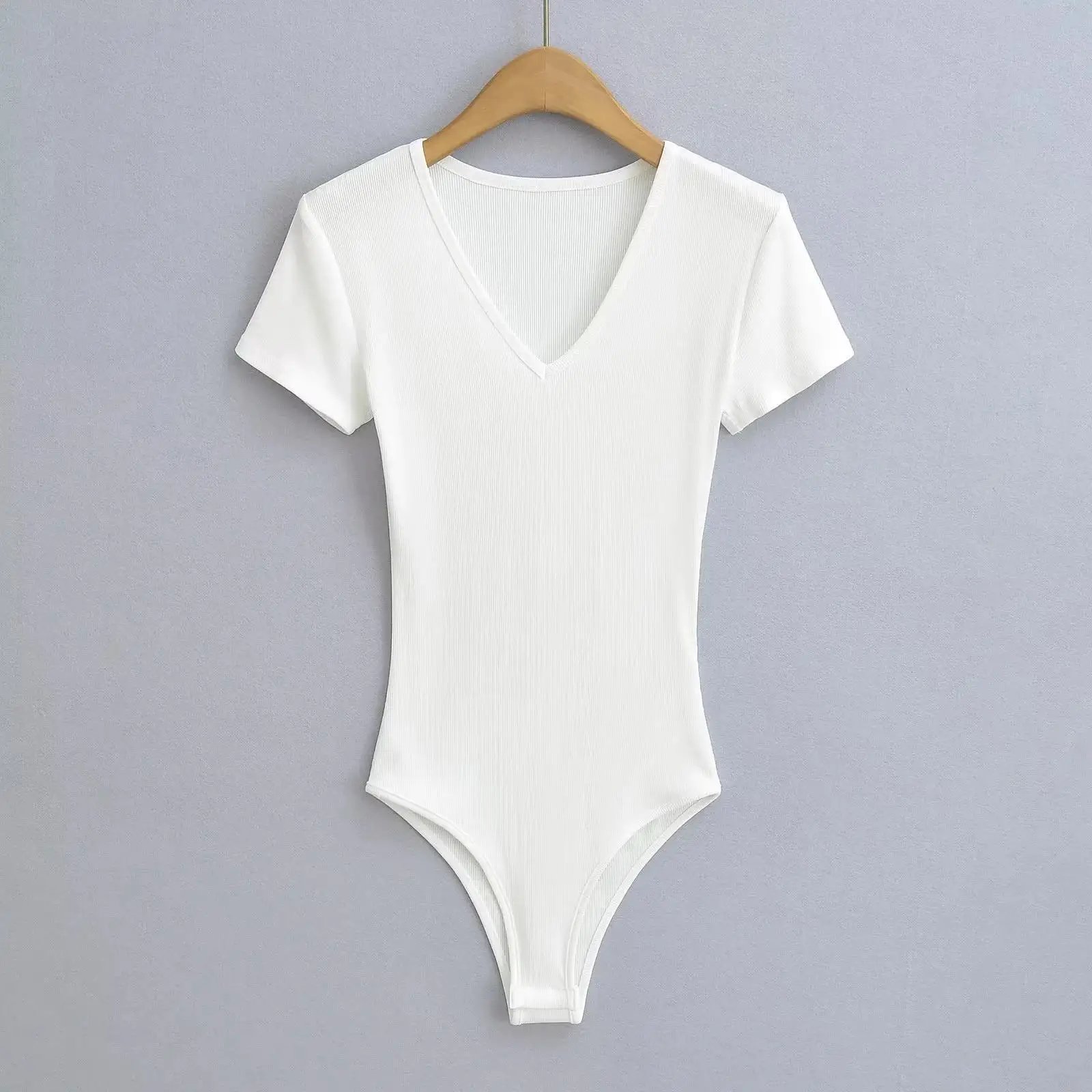 Summer Short Sleeve V-neck Rib Knitted Bodysuits Women Elastic Slim Black White Top Jumpsuits