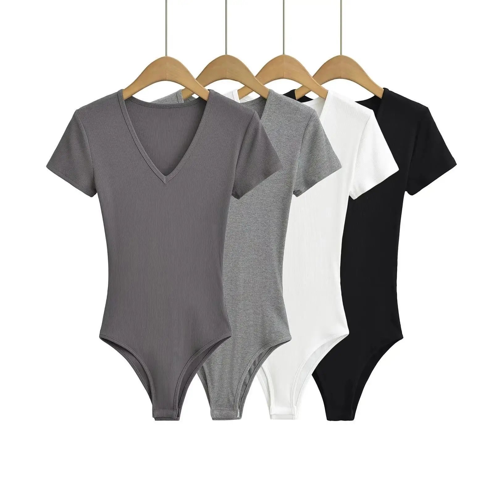 Summer Short Sleeve V-neck Rib Knitted Bodysuits Women Elastic Slim Black White Top Jumpsuits