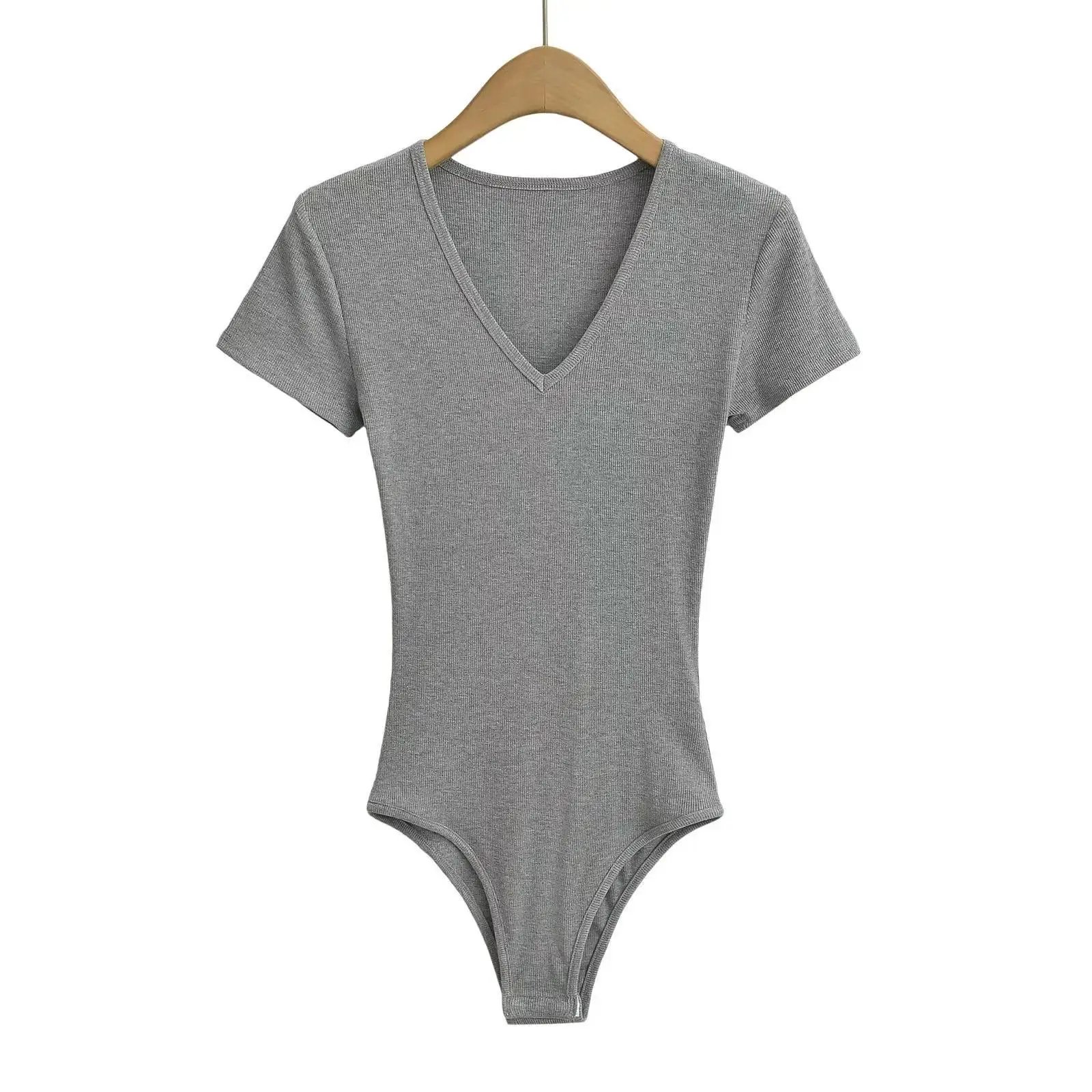 Summer Short Sleeve V-neck Rib Knitted Bodysuits Women Elastic Slim Black White Top Jumpsuits