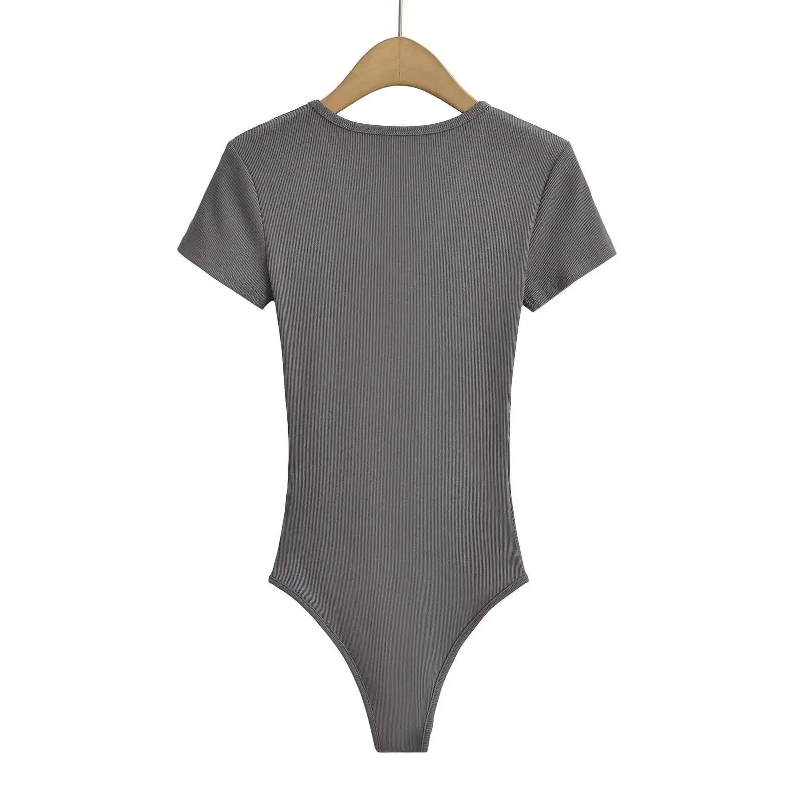 Summer Short Sleeve V-neck Rib Knitted Bodysuits Women Elastic Slim Black White Top Jumpsuits