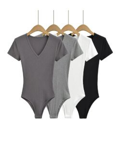 Summer Short Sleeve V-neck Rib Knitted Bodysuits Women Elastic Slim Black White Top Jumpsuits