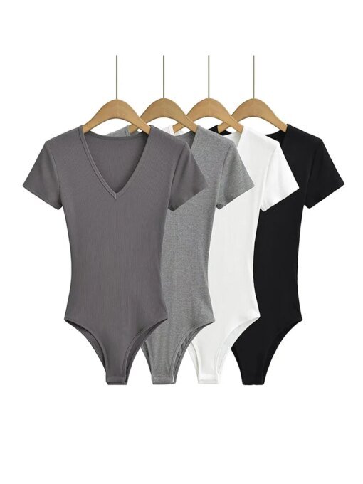 Summer Short Sleeve V-neck Rib Knitted Bodysuits Women Elastic Slim Black White Top Jumpsuits