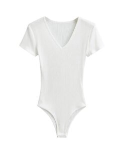 Alternative view of Summer Short Sleeve V-neck Rib Knitted Bodysuits Women Elastic Slim Black White Top Jumpsuits