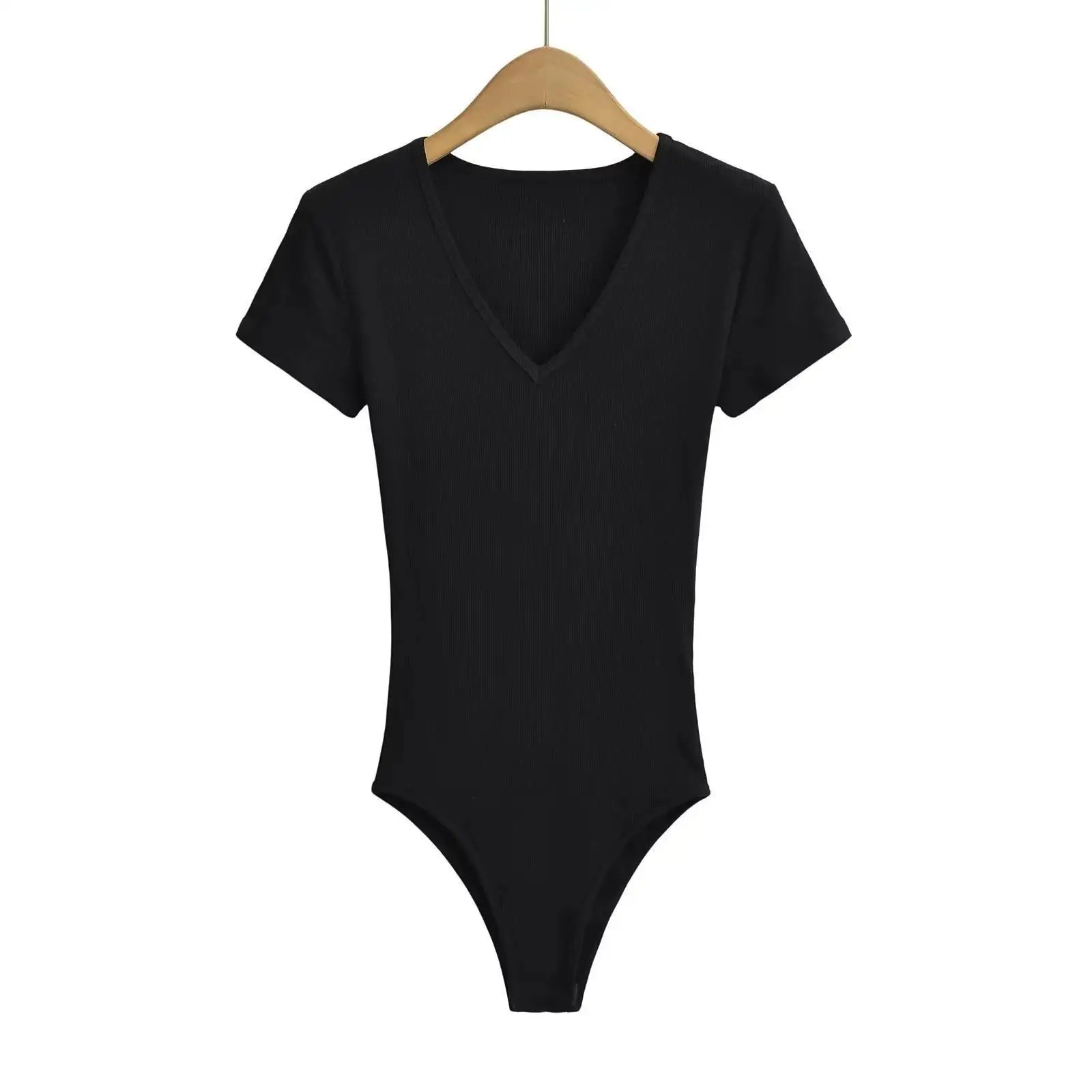 Summer Short Sleeve V-neck Rib Knitted Bodysuits Women Elastic Slim Black White Top Jumpsuits