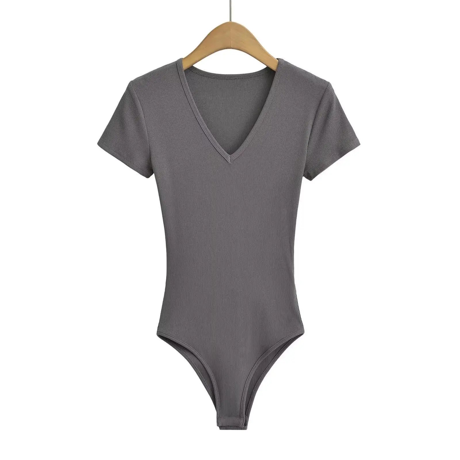 Summer Short Sleeve V-neck Rib Knitted Bodysuits Women Elastic Slim Black White Top Jumpsuits