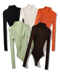 Long sleeve bodysuit fashion sexy lingerie women body knit black bodysuit bodycon body suit ribbed one-pieces sexy tops orange