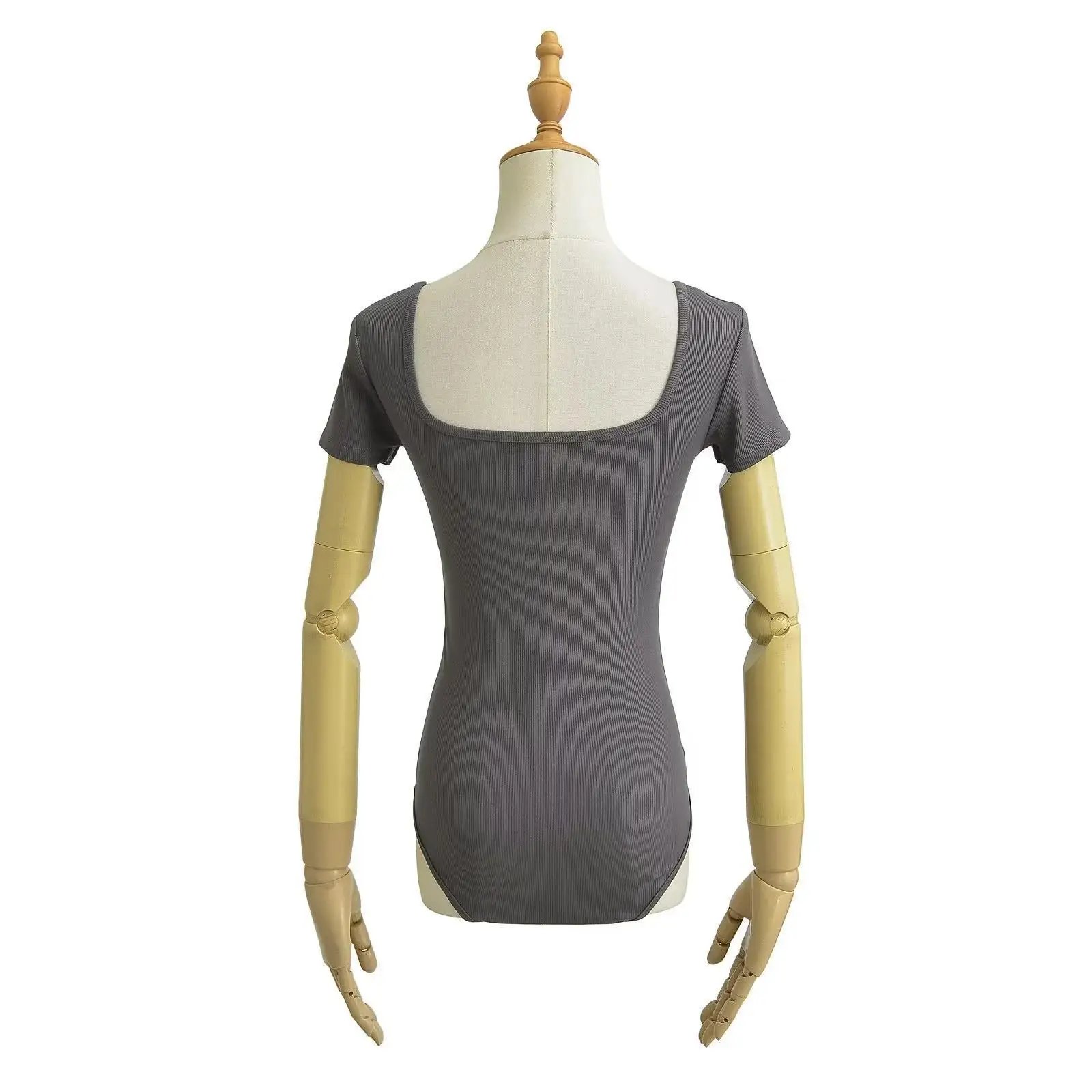 Summer Short Sleeve Square Neck Rib Knitted Bodysuits Women Elastic Slim Black White Top Jumpsuits