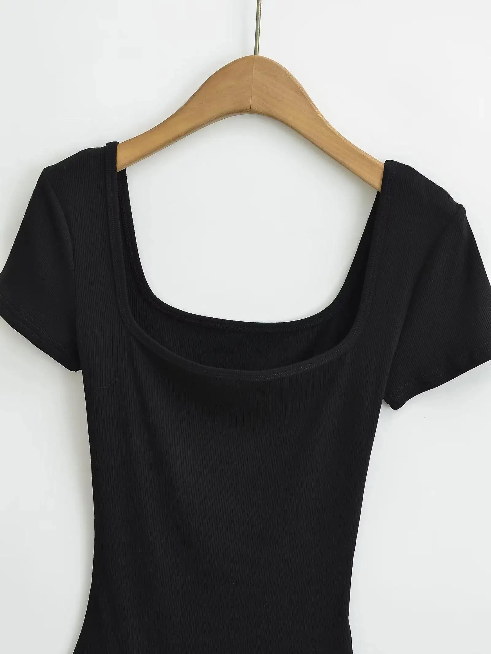 Summer Short Sleeve Square Neck Rib Knitted Bodysuits Women Elastic Slim Black White Top Jumpsuits