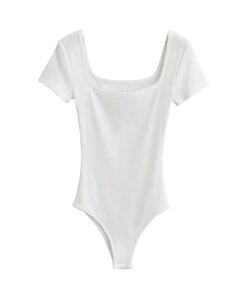 Alternative view of Summer Short Sleeve Square Neck Rib Knitted Bodysuits Women Elastic Slim Black White Top Jumpsuits