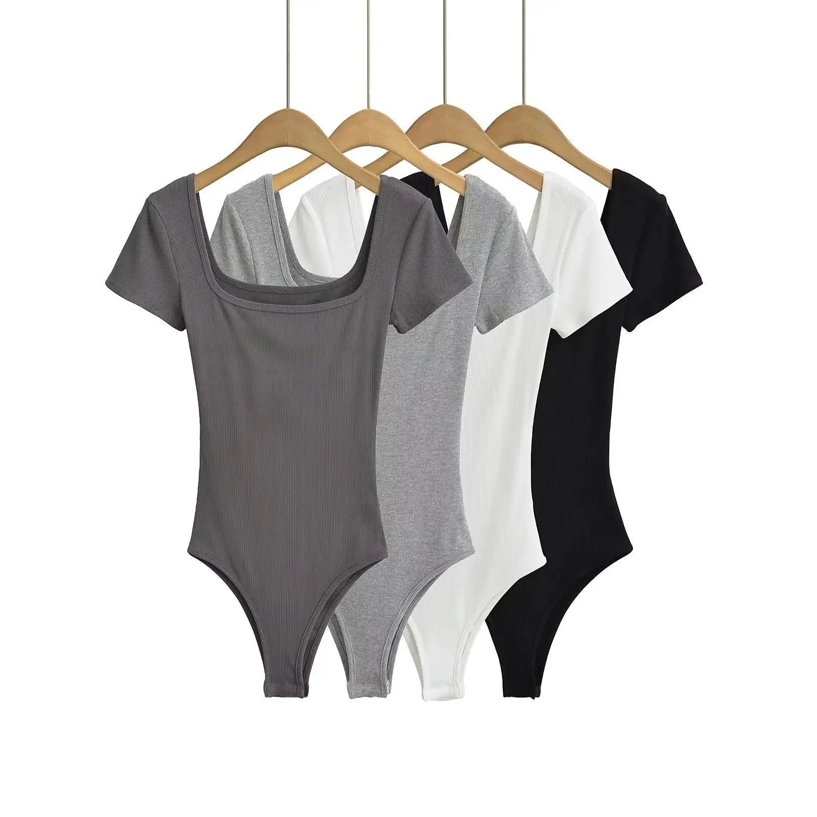 Summer Short Sleeve Square Neck Rib Knitted Bodysuits Women Elastic Slim Black White Top Jumpsuits