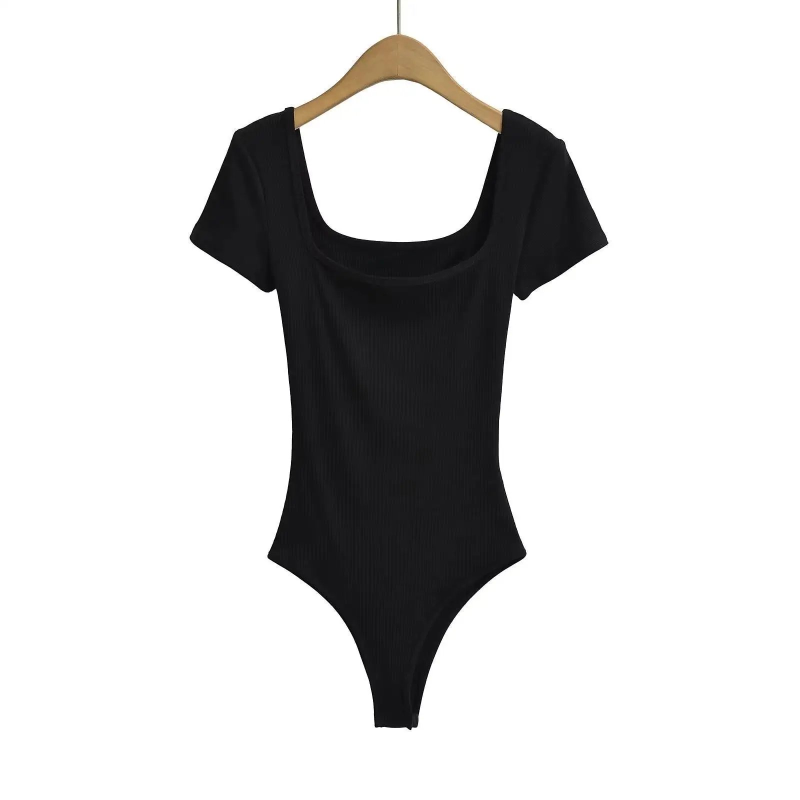 Summer Short Sleeve Square Neck Rib Knitted Bodysuits Women Elastic Slim Black White Top Jumpsuits