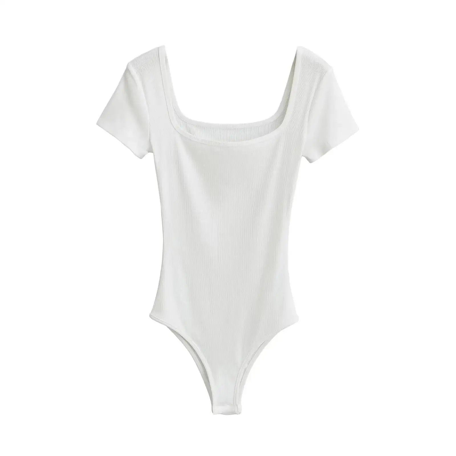 Summer Short Sleeve Square Neck Rib Knitted Bodysuits Women Elastic Slim Black White Top Jumpsuits