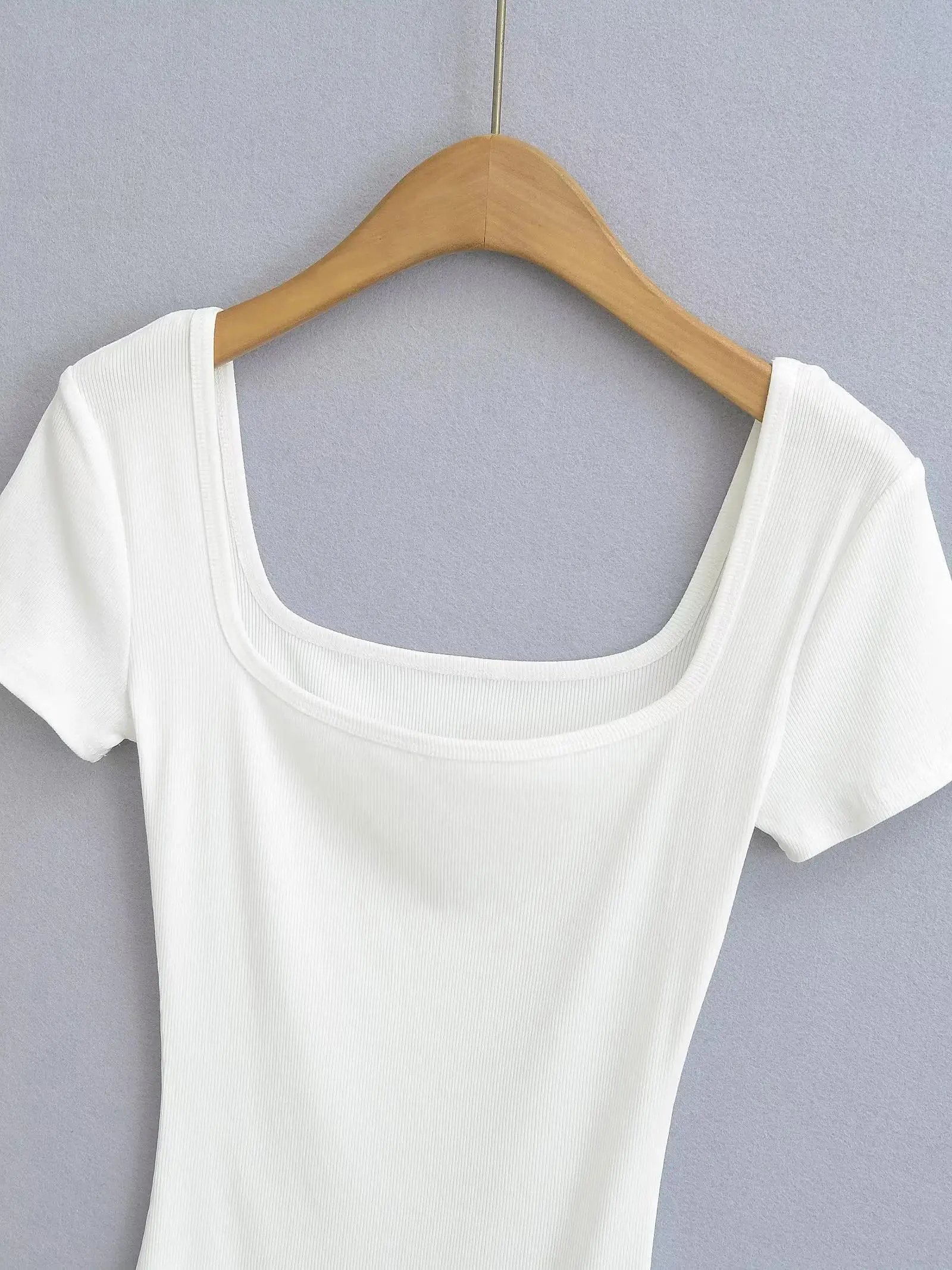 Summer Short Sleeve Square Neck Rib Knitted Bodysuits Women Elastic Slim Black White Top Jumpsuits