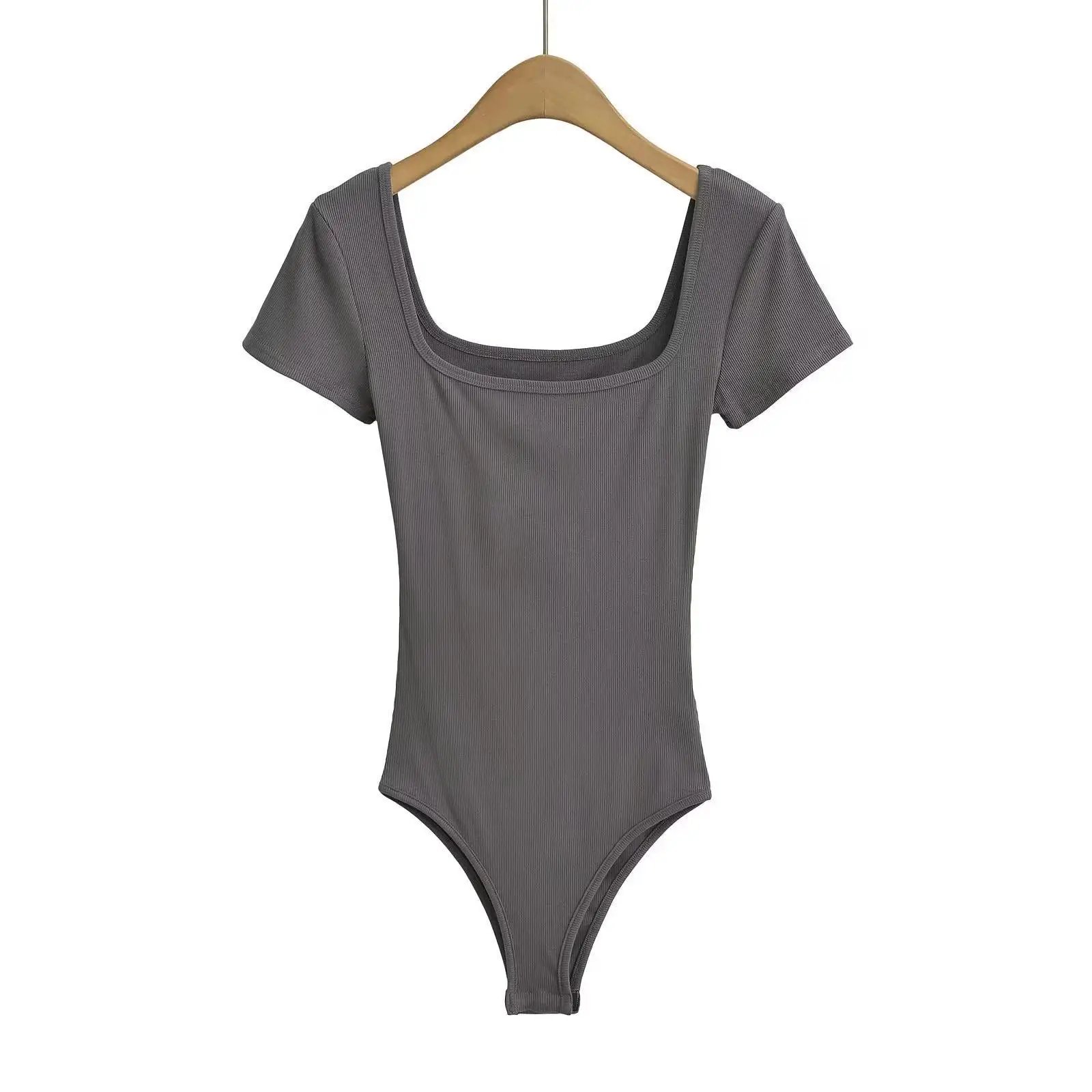 Summer Short Sleeve Square Neck Rib Knitted Bodysuits Women Elastic Slim Black White Top Jumpsuits