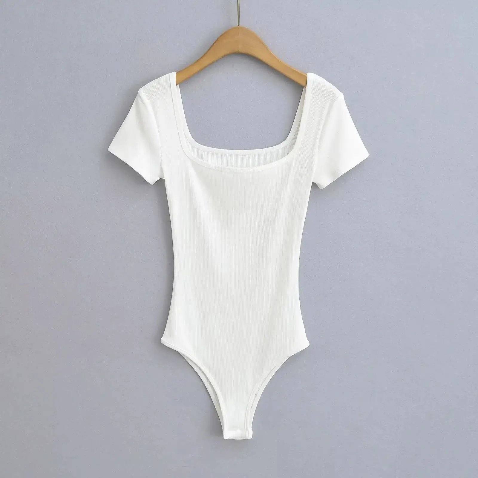 Summer Short Sleeve Square Neck Rib Knitted Bodysuits Women Elastic Slim Black White Top Jumpsuits