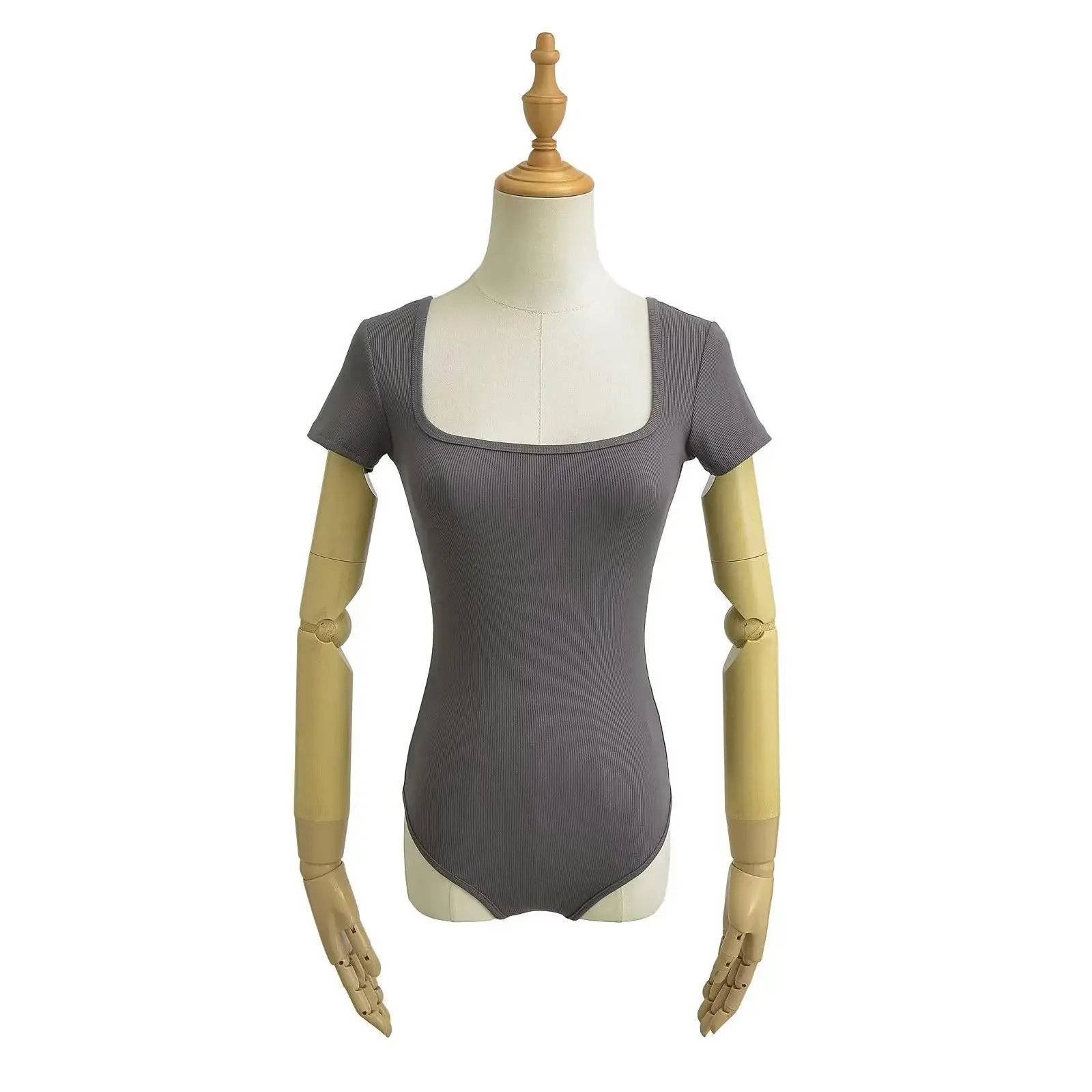 Summer Short Sleeve Square Neck Rib Knitted Bodysuits Women Elastic Slim Black White Top Jumpsuits