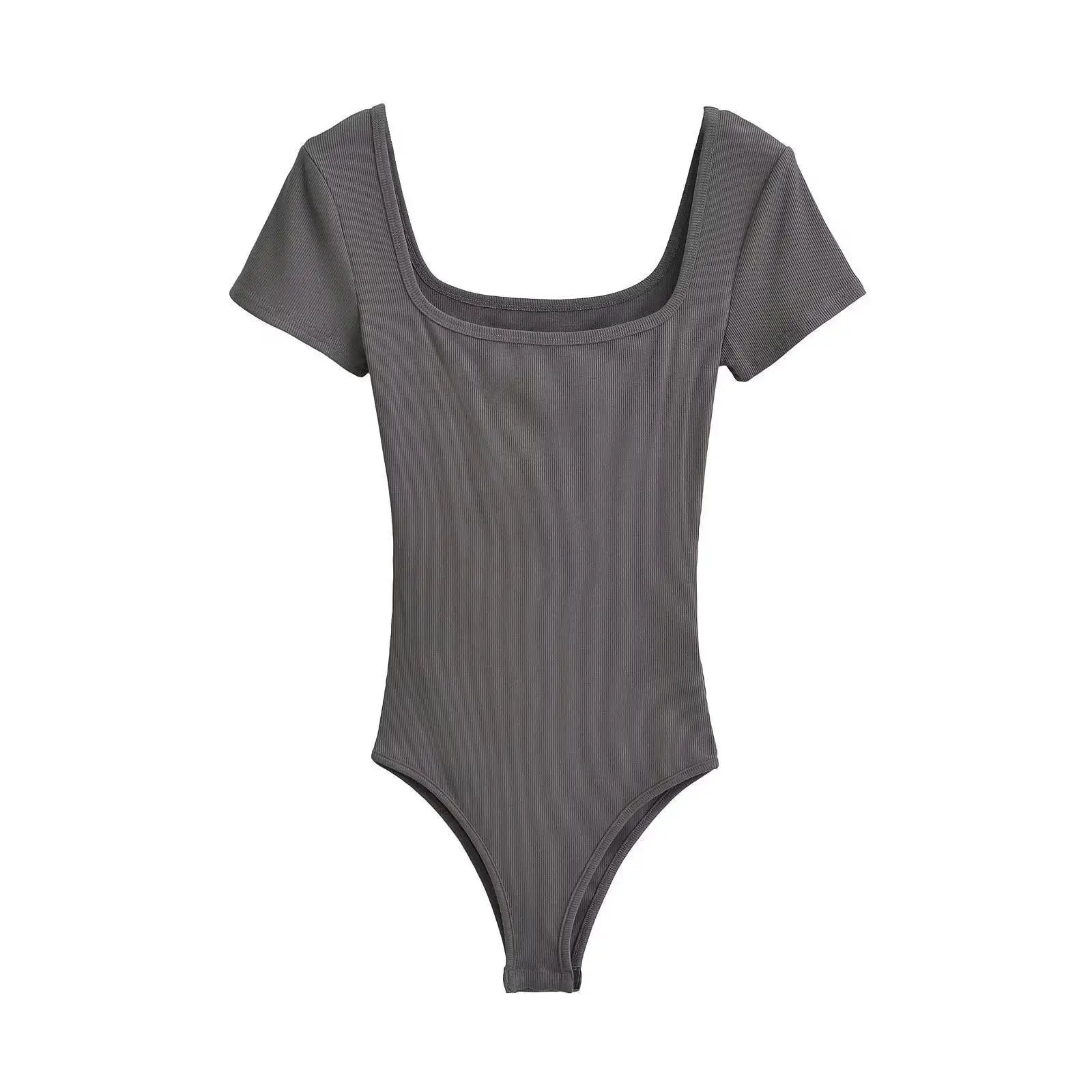 Summer Short Sleeve Square Neck Rib Knitted Bodysuits Women Elastic Slim Black White Top Jumpsuits