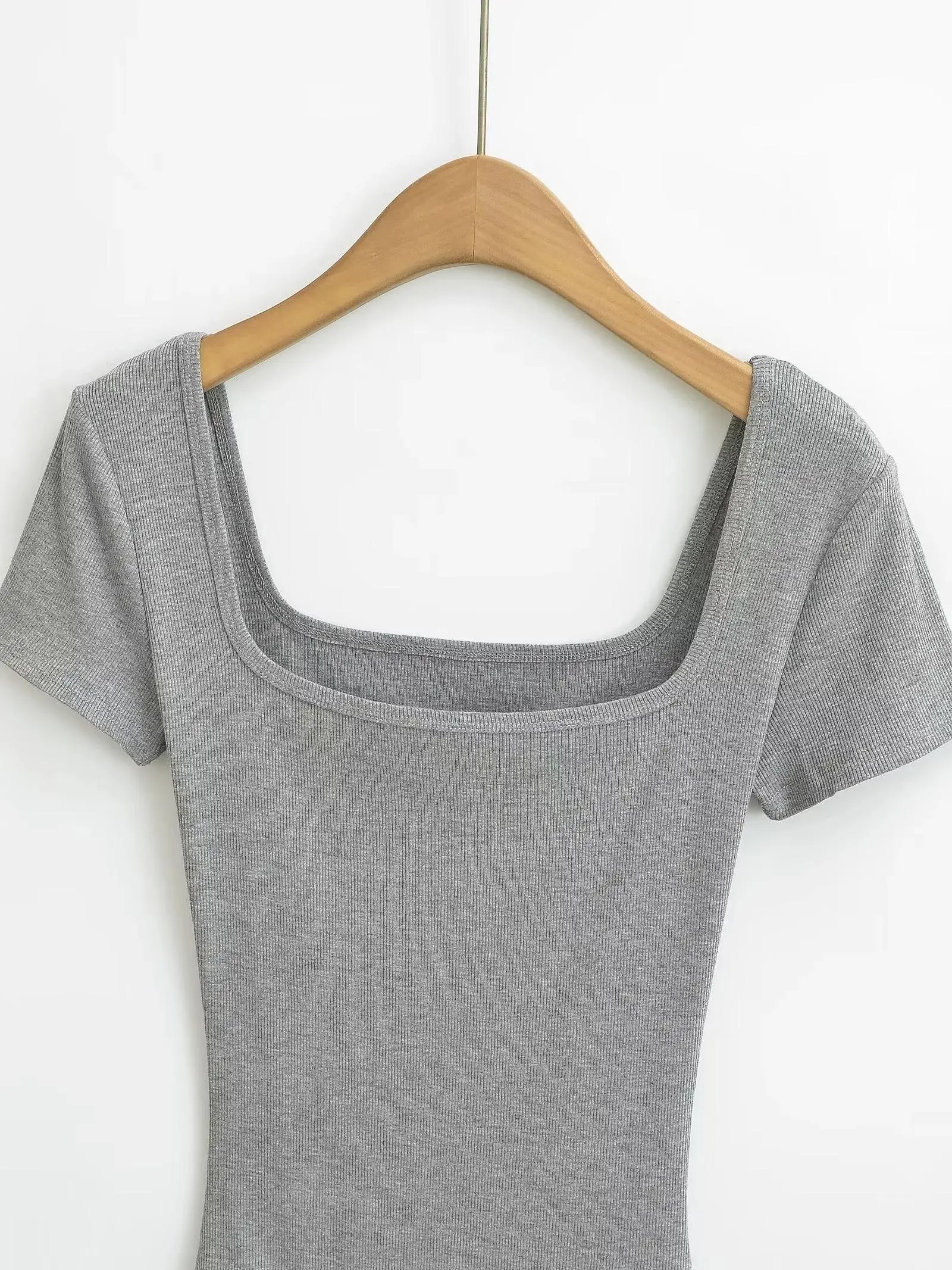 Summer Short Sleeve Square Neck Rib Knitted Bodysuits Women Elastic Slim Black White Top Jumpsuits