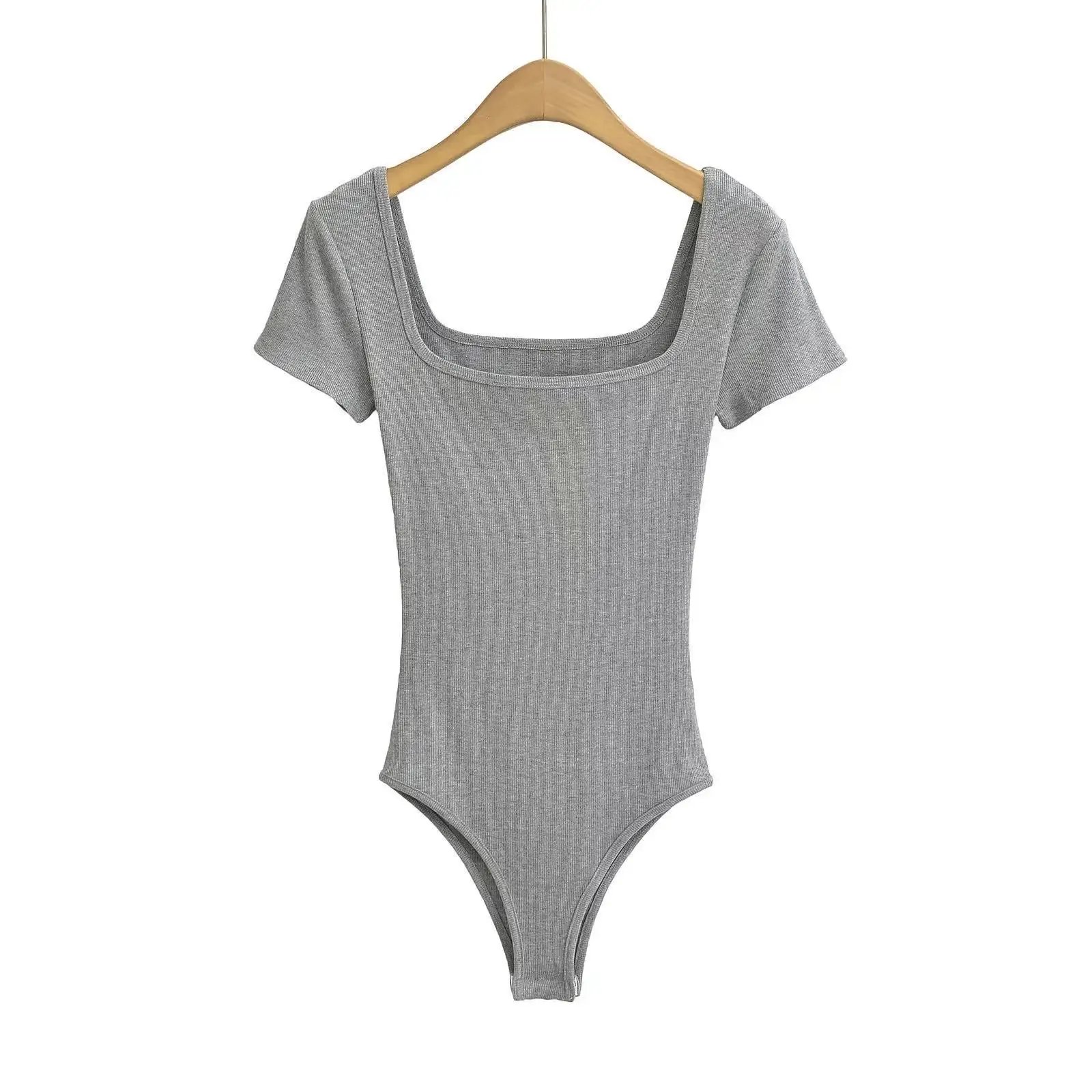 Summer Short Sleeve Square Neck Rib Knitted Bodysuits Women Elastic Slim Black White Top Jumpsuits