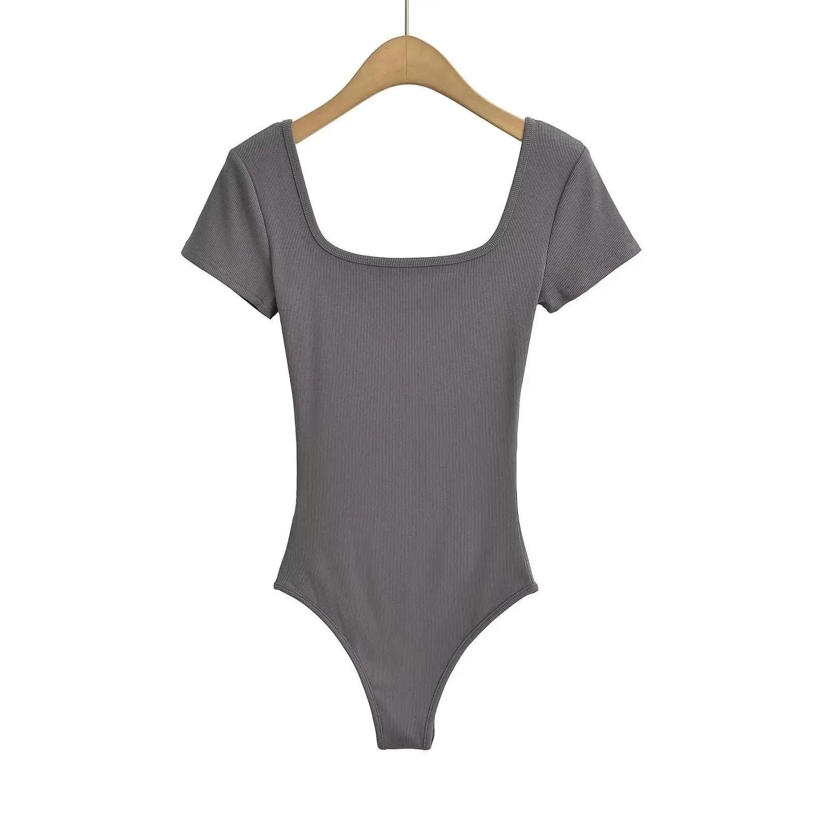 Summer Short Sleeve Square Neck Rib Knitted Bodysuits Women Elastic Slim Black White Top Jumpsuits