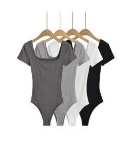 Summer Short Sleeve Square Neck Rib Knitted Bodysuits Women Elastic Slim Black White Top Jumpsuits