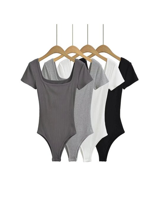 Summer Short Sleeve Square Neck Rib Knitted Bodysuits Women Elastic Slim Black White Top Jumpsuits