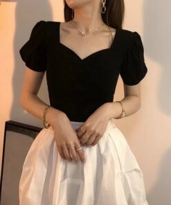 French Vintage Bubble Short Sleeve T Shirt Women Wild Slim V Neck Black Tshirt Oversized Knit Tops New Spring Tee Blouse