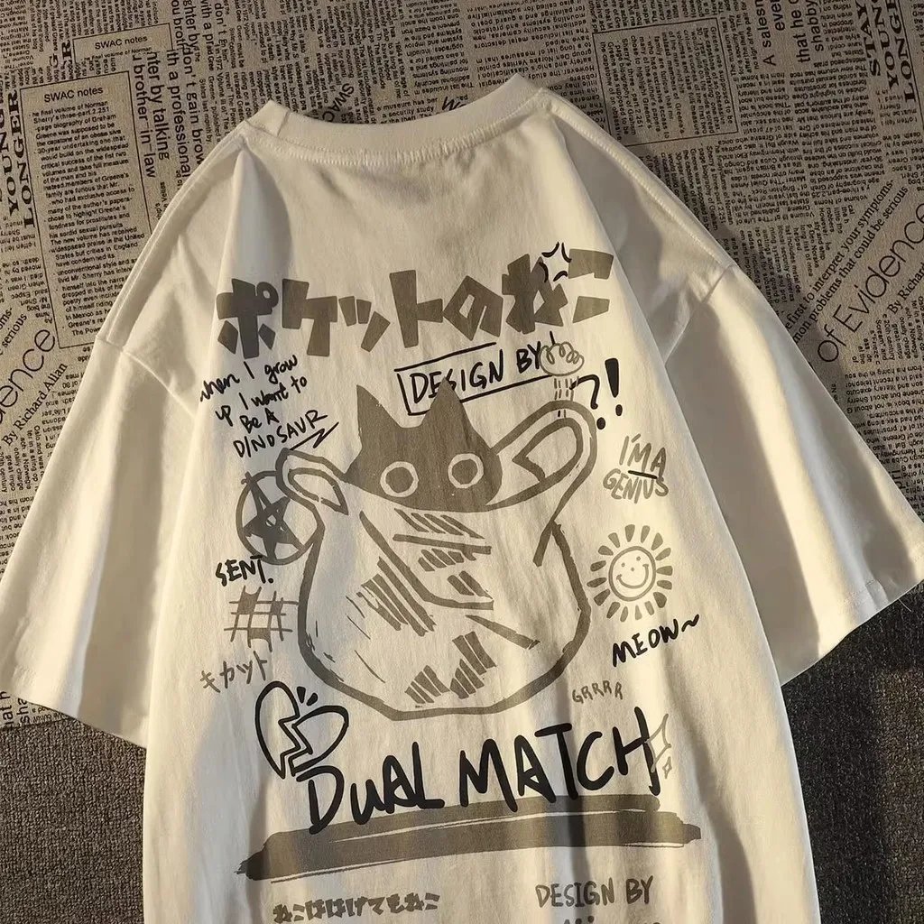 Summer Japanese Retro Pocket Cat Cartoon Printed Short Sleeve T-shirt Male Female Couples Unisex College Style Oversized Top Summer Japanese Retro Pocket Cat Cartoon Printed Short Sleeve T-shirt Male Female Couples Unisex College Style Oversized Top