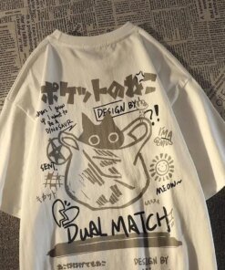 Summer Japanese Retro Pocket Cat Cartoon Printed Short Sleeve T-shirt Male Female Couples Unisex College Style Oversized Top