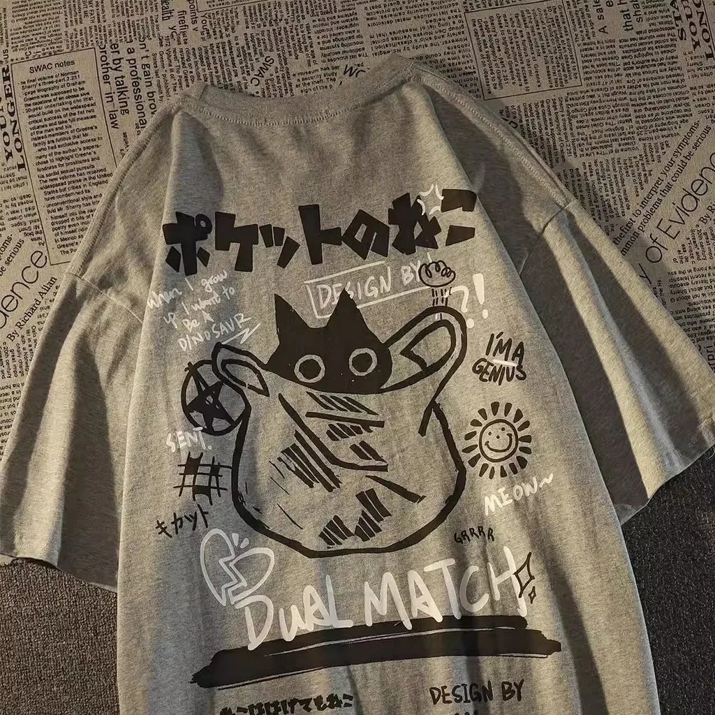 Summer Japanese Retro Pocket Cat Cartoon Printed Short Sleeve T-shirt Male Female Couples Unisex College Style Oversized Top Summer Japanese Retro Pocket Cat Cartoon Printed Short Sleeve T-shirt Male Female Couples Unisex College Style Oversized Top
